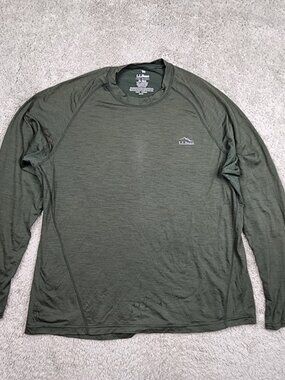 LL Bean Merino Wool Base Layer Mens Large Green Long Sleeve HOLES IN FRONT READ